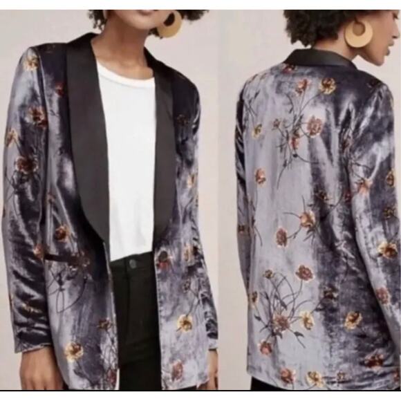Cartonnier Anthropologie Velvet Floral Single Button Tuxedo Blazer Jacket Size 2 - Picture 1 of 9